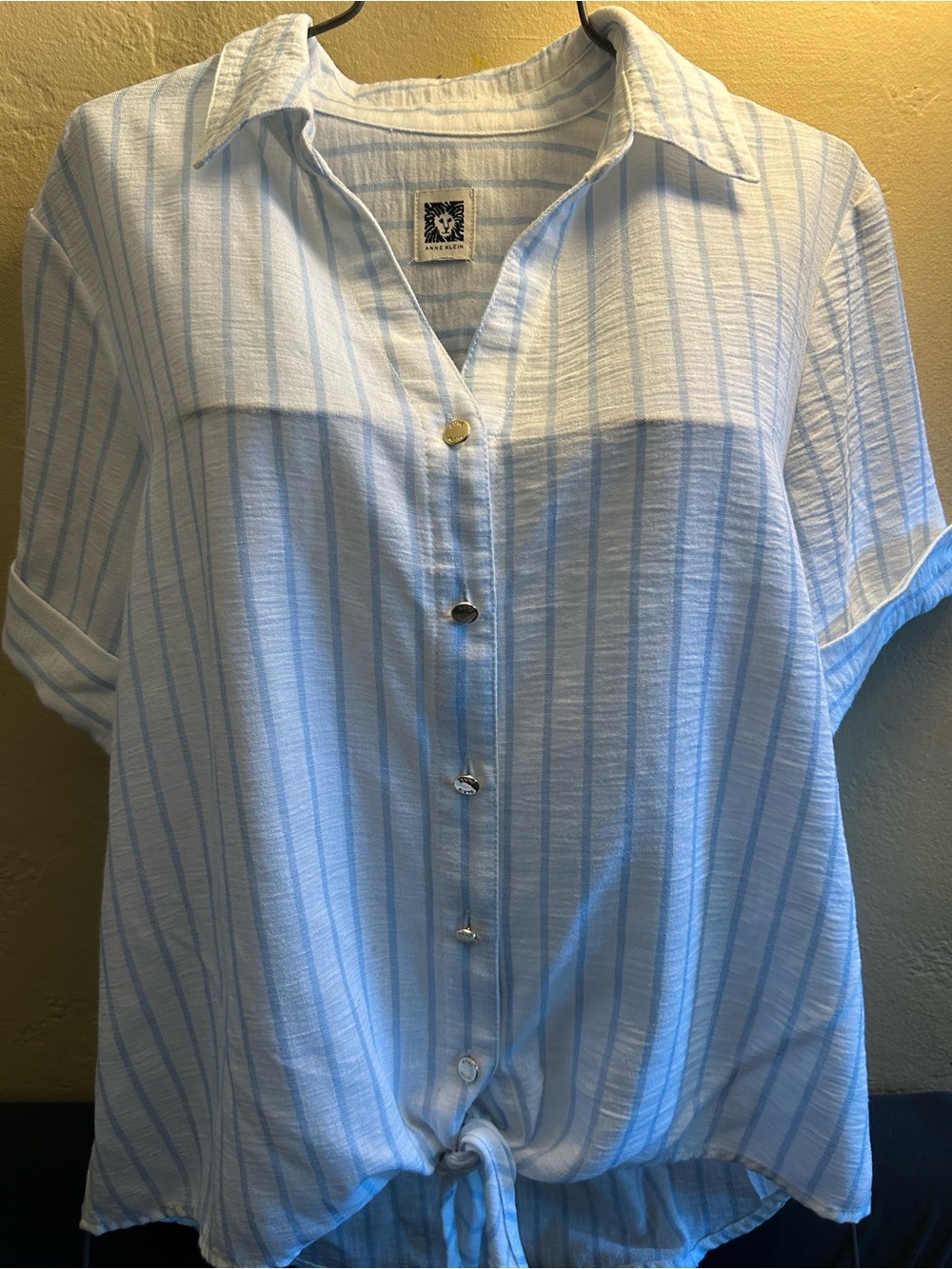 Anne Klein Light Blue & White Striped Tie-Front Button Shirt